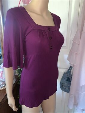 Plum purple square neckline 3/4 sleeve empire tunic shirt top S